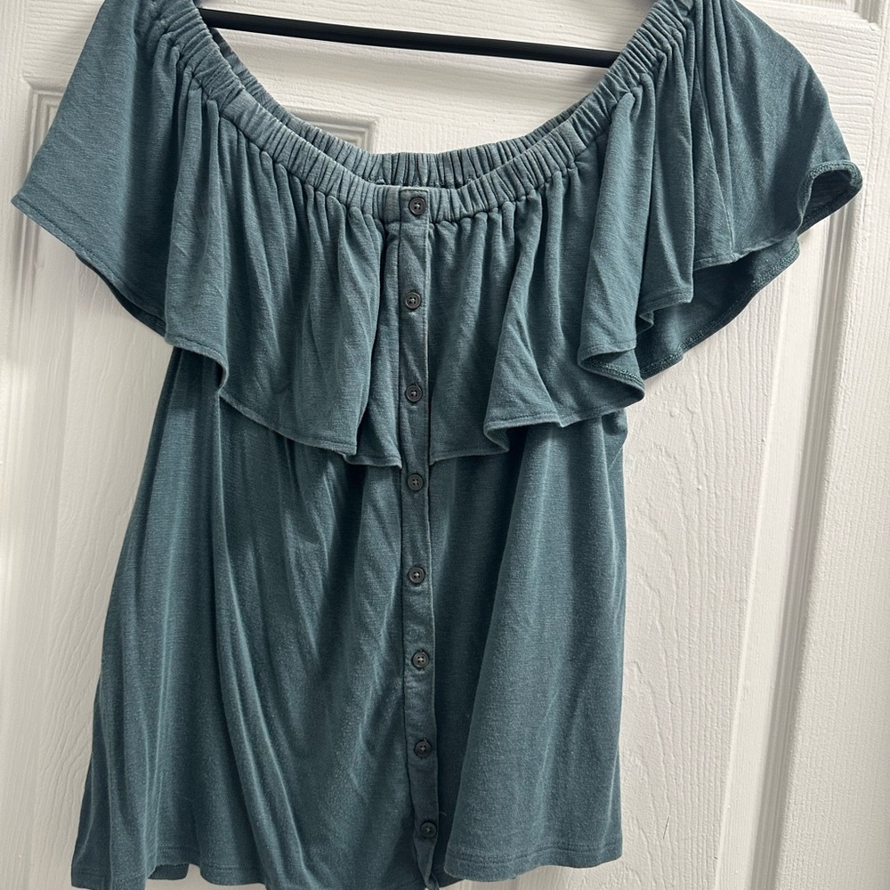 Teal Off-Shoulder Button-Down Top American eagle